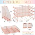 Desk Organizer and Accessories, 4-Tier Desktop File Organizer with Drawer and 2 Pen Holders, Office Desk Accessories for Office Supplies(Rose Gold)