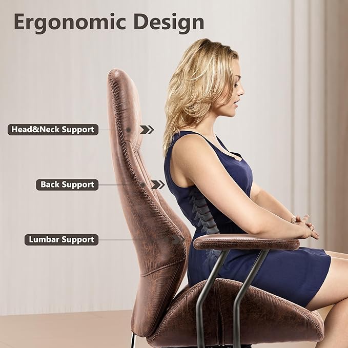 Mid Century Modren Office Chair - High Back Swivel Executive Chair with Lumbar Support,Ergonomic Computer Desk Chair with Wheels,Faux Lether Suede Task Chair,350lbs(Dark Brown, High Back)