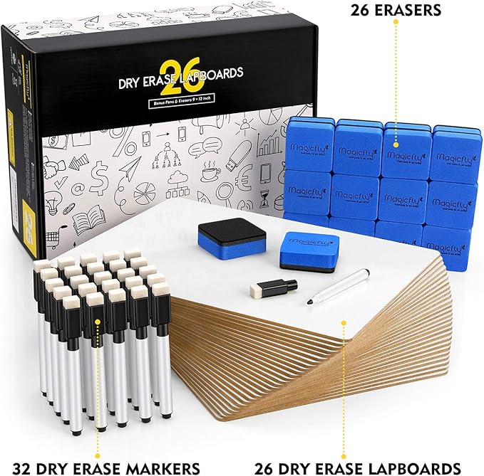 Magicfly Small White Boards, Dry Erase Board Pack of 26, Mini Whiteboards 9x12 Inches Double-Sided White Boards for Students Classroom Teachers School Supplies Office with 32 Pens and 26 Erasers