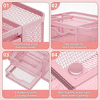 Marbrasse Mesh Desk Organizer, Pen Organizer with 2 Drawer, Multi-Functional Pencil Holder, Desk Organizers and Accessories with 5 Compartments + Drawer for Office Art Supplies (Pink)