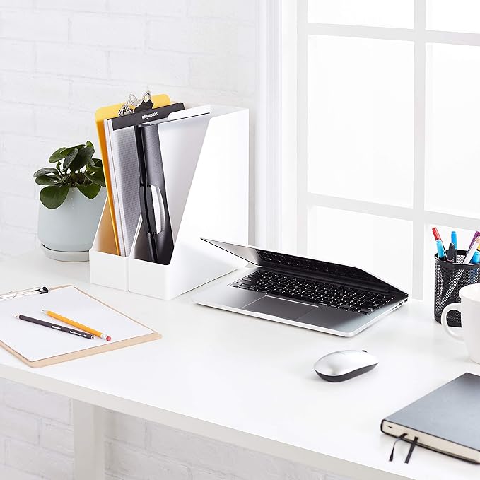 Amazon Basics Rectangular Plastic Desk Organizer, Magazine Rack, White, 2-Pack