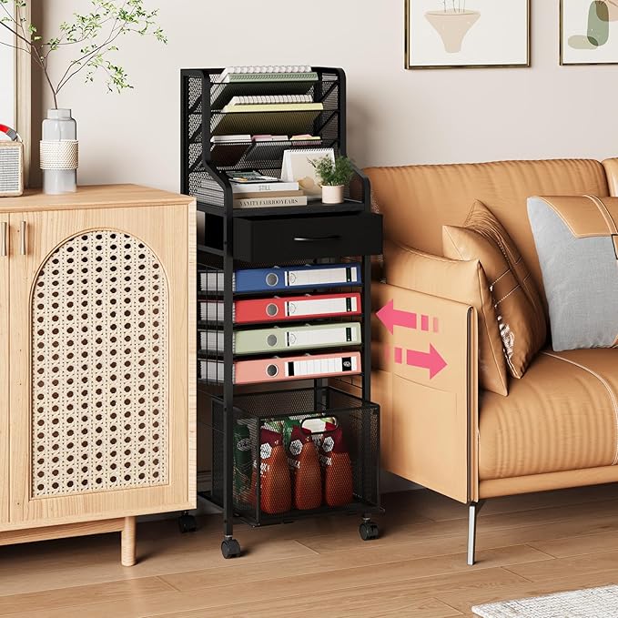 SWTYMIKI 10-Tier Rolling File Cart - Mesh Paper Organizer with Drawer and Hanging File Folders on Lockable Wheels, Wood Teacher Cart for Office Organization, Storage in Home, Studio, School (Black)