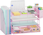 Marbrasse Desk Organizer and Accessories，4-Tier Paper Letter Tray Organizer with File Holder, Workspace Desk Organizers Accessories with Drawer and 2 Pen Holder (Pink, 15.4" x 9.1" x 8.3")