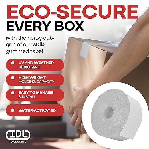 IDL Packaging 2.83" x 450 feet Reinforced Water-Activated Kraft Gummed Tape 30lb Thickness - Secure Paper Packing Tape for Secure Carton Sealing - Heavy-Duty for All Conditions, White