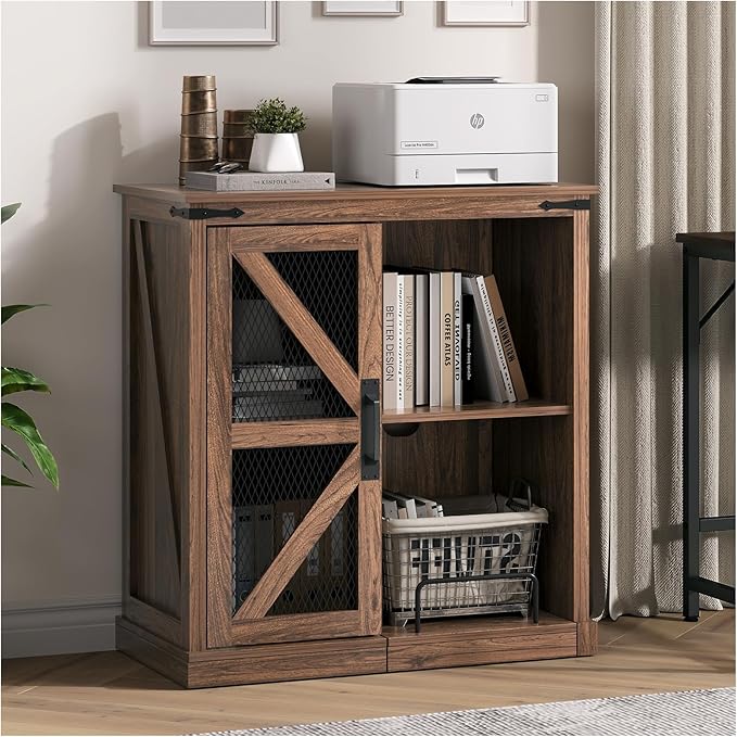 Printer Stand with Storage,File Cabinet with Socket and USB Charging Port,Farmhouse Paper Shredder Stand Rack with Slide-Out Shelf,Walnut