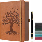 ZXHQ B5 360 Pages Lined Journaling Notebooks with Pen, Journals for Women Men Writing Notebook, Tree of Life Design, Brown Edge, Fine Inner Pocket - Light Brown