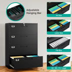 SISESOL 4 Drawer Lateral File Cabinet with Lock,Black Lateral Filing Cabinet,Horizontal Metal Filing Cabinet,Locked Wide Four Drawer File Cabinet for Office Home,Fit A4/F4/Letter/Legal File
