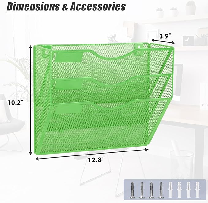 EASEPRES 3 Pocket Mesh Hanging Wall File Organizer, Wall Mounted Mail Paper Document Folder Holder, Clipboard Storage Organization Magazine Rack with Nametag Label for Office Home School, Green