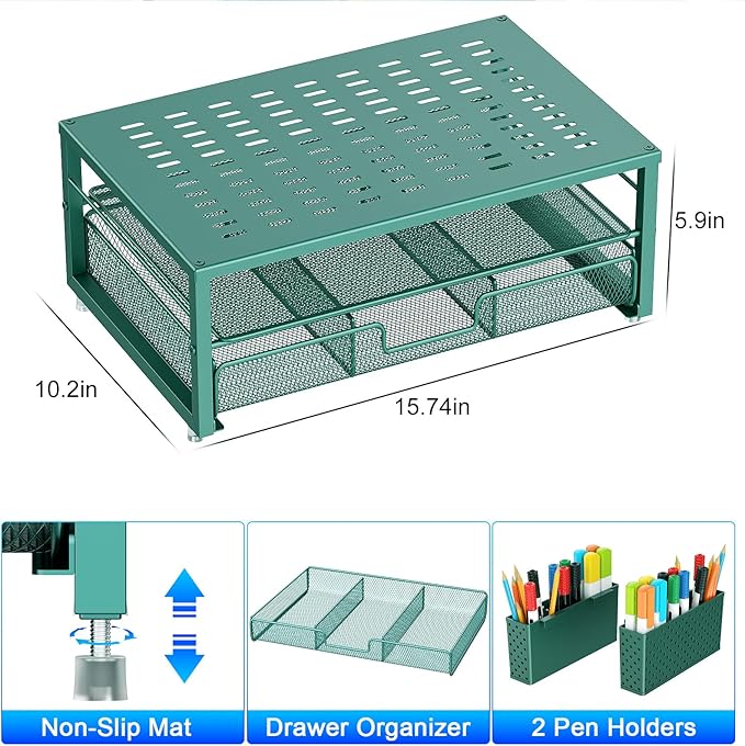 gianotter Desk Organizers and Accessories, Monitor Stand with Drawer and 2 Pen Holder, Desktop Organizer Suitable for Offices and Dormitories (Green)