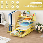 Marbrasse Desk Organizer with File Holder, 5-Tier Desk Organizer and Accessories with Drawer and 2 Pen Holders, Mesh Paper Letter Tray, Desktop Storage for Office Supplies (Gold)