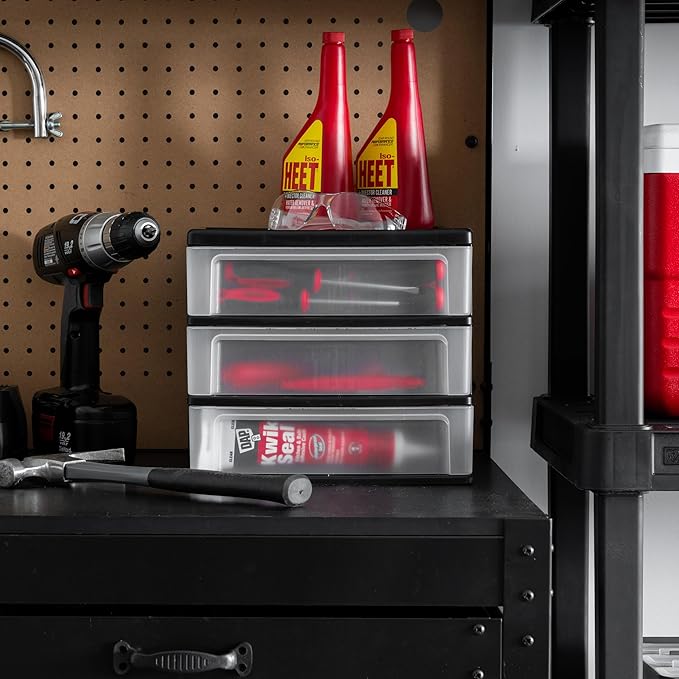 IRIS USA Plastic Stacking Desk Top 3-Drawer Storage Organizer, 1-Pack, for Makeup Vanity Nail Polish Bathroom Stationery Art Craft Supplies Kitchen Office Garage and Small Organization, Medium, Black