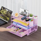 Marbrasse 4-Trays Desk File Organizer with 2 Pen Holder, Desktop Hanging File Holder with Drawer, Paper Letter Tray Organizer (Purple)