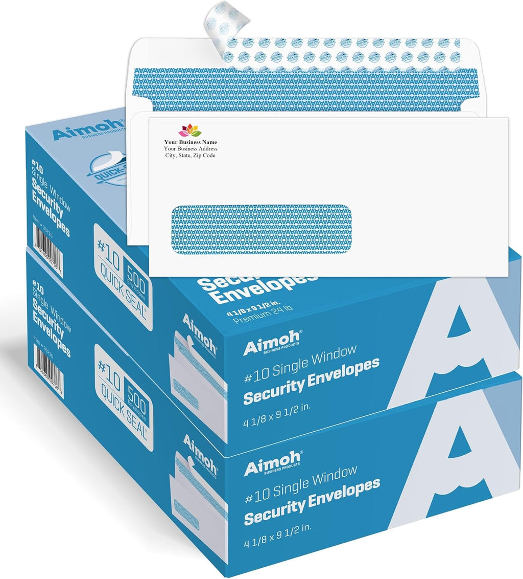 Aimoh #10 Custom Printed Single Left Window Self Seal Security Envelopes, Text and Logo Customization, Self Sealing Closure, Security Tinted, Size 4-1/8 x 9-1/2 Inches, 24 LB, 1000 Count (72352-1000)