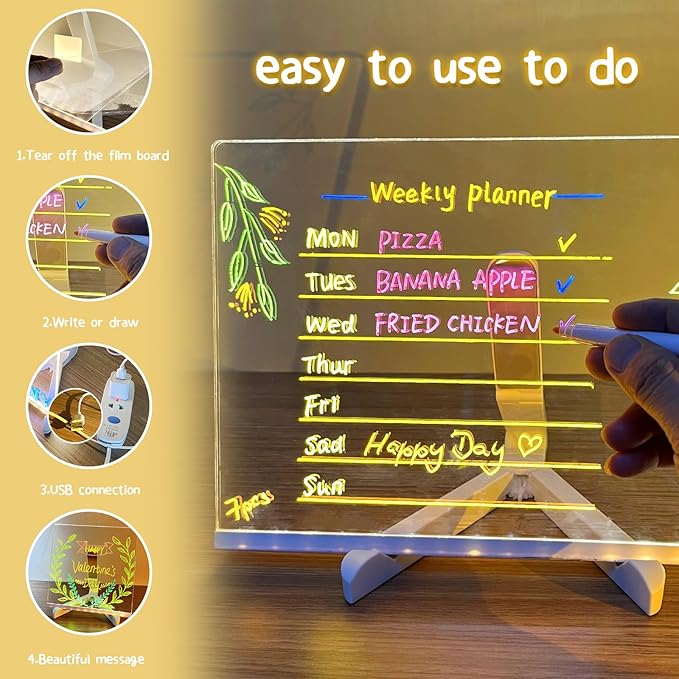 LED Note Board with 7 Colors, Light up Acrylic Message Board, Night Light outwards Writing Drawing Dry Erase Board, Personalized Note Board with Colors Large and 7 Pens for Kids (7.87x7.87inches)