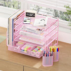 Desk Organizers and Accessories, 5-Tier Paper File Organizer with Drawer & Pen Holder, Office Desk Accessories Workspace Desktop Organizer for Office Supplies((Pink)