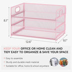 Subekyu 3 Tier Paper Letter Tray Organizer for Desk, Pink Metal Mesh File Folder Sorter Organizer with Handle and 1 PC Sliding Tray for Home Office School Desk Supplies Organization Storage