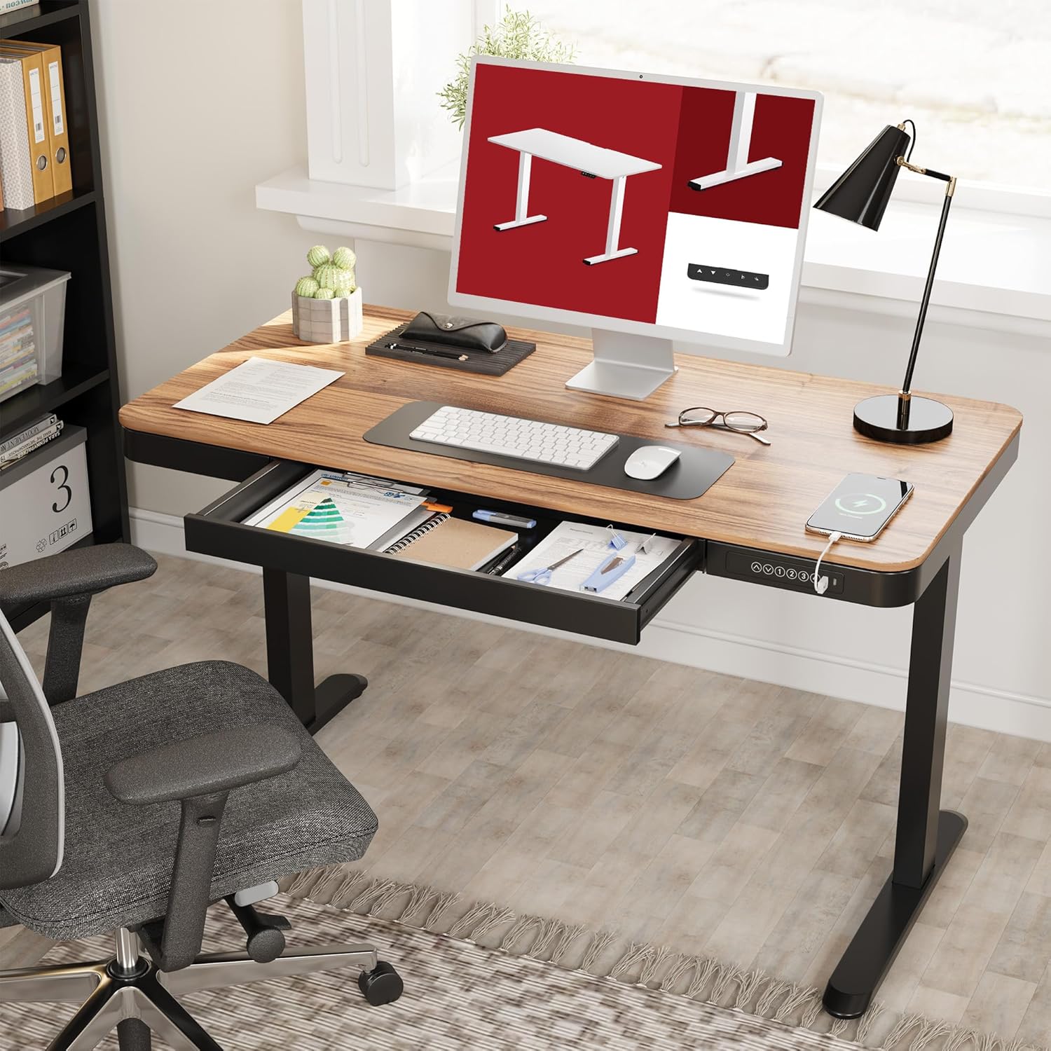 Standing Desk with Drawer, Electric Height Adjustable Home Office Desk with Storage & USB Ports, 48 inch Black Walnut Wood Tabletop/Black Frame