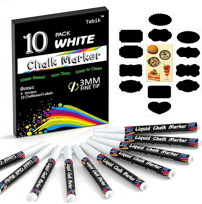White Liquid Chalk Markers Set, Pack of 10 White Chalkboard Paint Pens with 12 Chalkboard Labels, 5 Stickers, Perfect for Chalkboards, Bistro Boards, Glass and Metal
