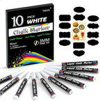 White Liquid Chalk Markers Set, Pack of 10 White Chalkboard Paint Pens with 12 Chalkboard Labels, 5 Stickers, Perfect for Chalkboards, Bistro Boards, Glass and Metal