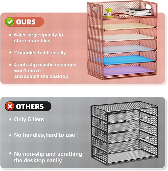 Marbrasse 2 Pack Desk Organizer with Handle, 6 Tier Paper Letter Tray, Mesh Desk File Organizer for Office, School and Home - Rose Gold