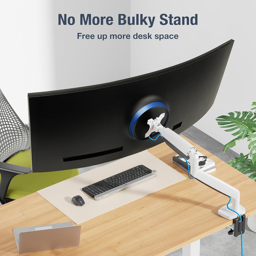 AVLT Single 17"-45" Monitor Arm Desk Mount Premium Mechanical Spring fits One Flat/Curved/Ultrawide Monitor Full Motion Height Swivel Tilt Rotation Adjustable, White