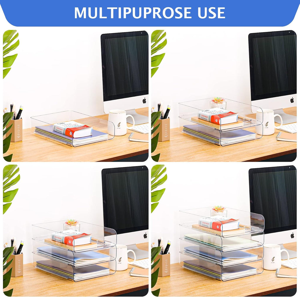 Set of 4 Office Organization and Storage, Clear PET Letter Tray Desk Organizer, Stackable Document and File Paper Organizer for Office Supplies
