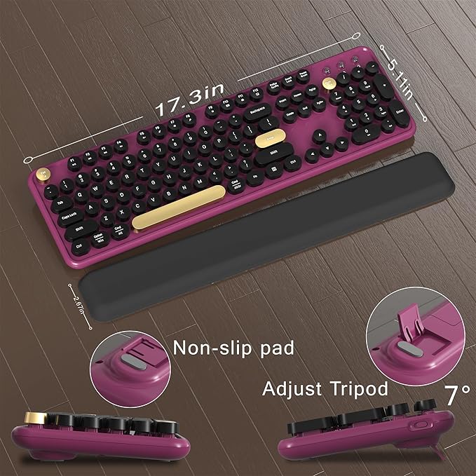 Colorful Wireless Computer Keyboard and Mouse Combo with Round Typewriter Keycaps, Retro Design, Power Switch, Ergonomic Design, 2.4GHz Wireless for Windows, Mac, PC（Black-Claret）