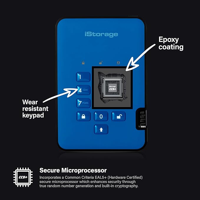 iStorage diskAshur2 HDD 2TB Blue | Secure portable hard drive | Password protected | Dust & water resistant | Hardware Encryption