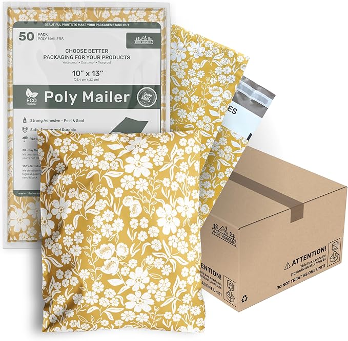 Poly Mailers 10x13 Inch 500 Pack Medium Shipping Bags Strong Thick Mailing Envelopes | Self Sealing Adhesive | Waterproof & Tear Resistant | Small Business Packaging - Floral Mustard Yellow