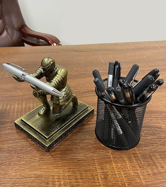 Executive Knight Pen Holder with a Pen Personalized Desk Accessories Decor Home Office Cool Pen Stand Gold