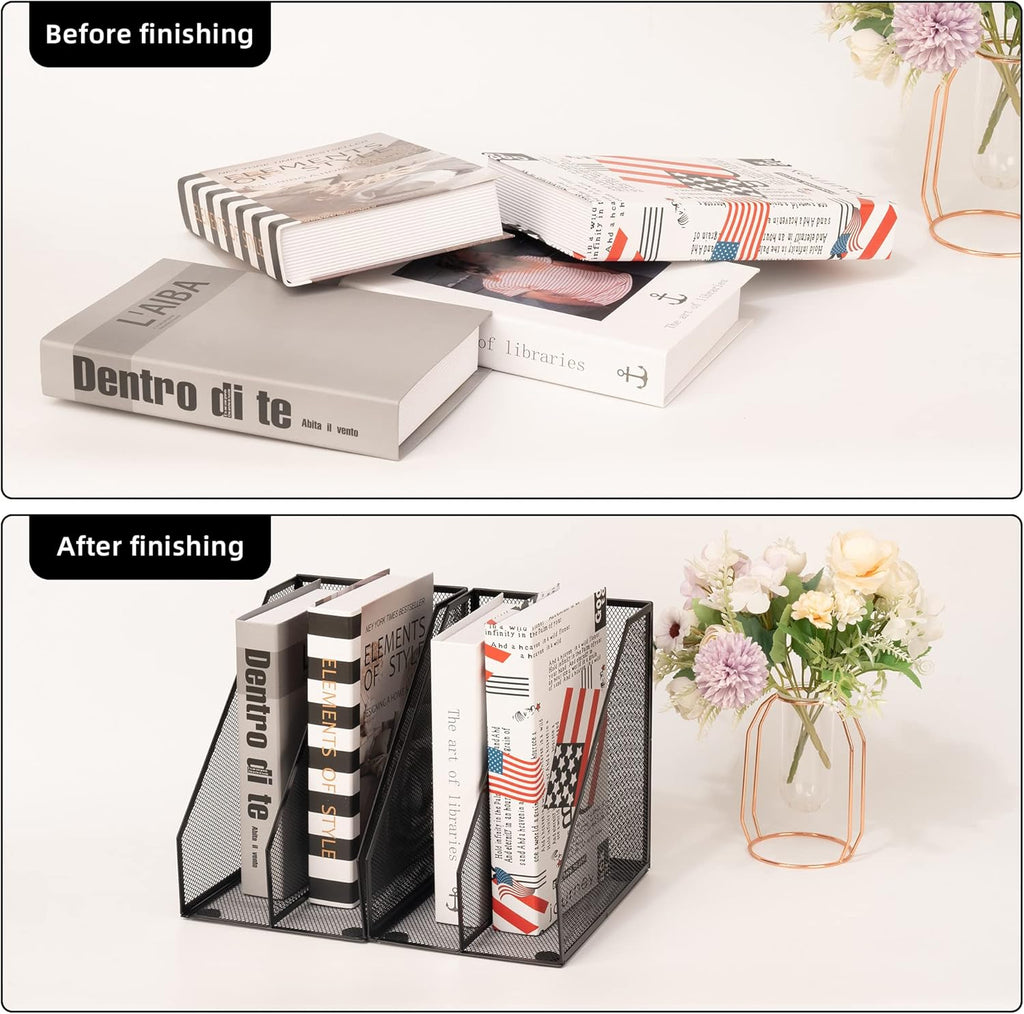 2 Set Magazine Holder Metal Wire, 2 Compartments Mesh File Holder for Desk, Office Desk Accessories Decorative File Box, Black