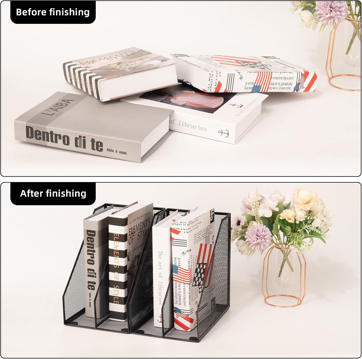 2 Set Magazine Holder Metal Wire, 2 Compartments Mesh File Holder for Desk, Office Desk Accessories Decorative File Box, Black