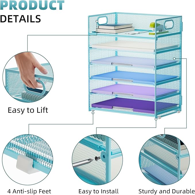 Marbrasse 6 Tier Paper Organizer Letter Tray - Mesh Desk File Organizer with Handle, Paper Sorter for Letter/A4 Office File Folder Holder -Blue