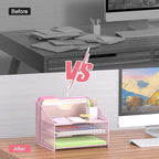 samstar Pink Desk File Organizer, Mesh Letter File Folder Holder with 3 Paper Trays and 2 Vertical Upright Section, for Office Supplies, Desk Accessories & Workspace, Pink