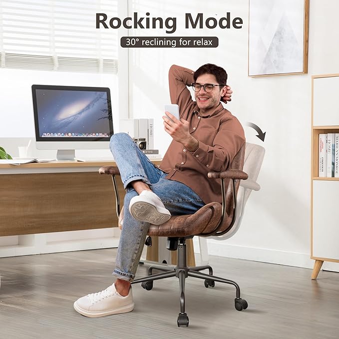 Mid Century Modren Office Chair - Mid Back Swivel Executive Chair with Lumbar Support,Ergonomic Computer Desk Chair with Wheels,Faux Lether Suede Task Chair,350lbs (Dark Brown, Mid Back)