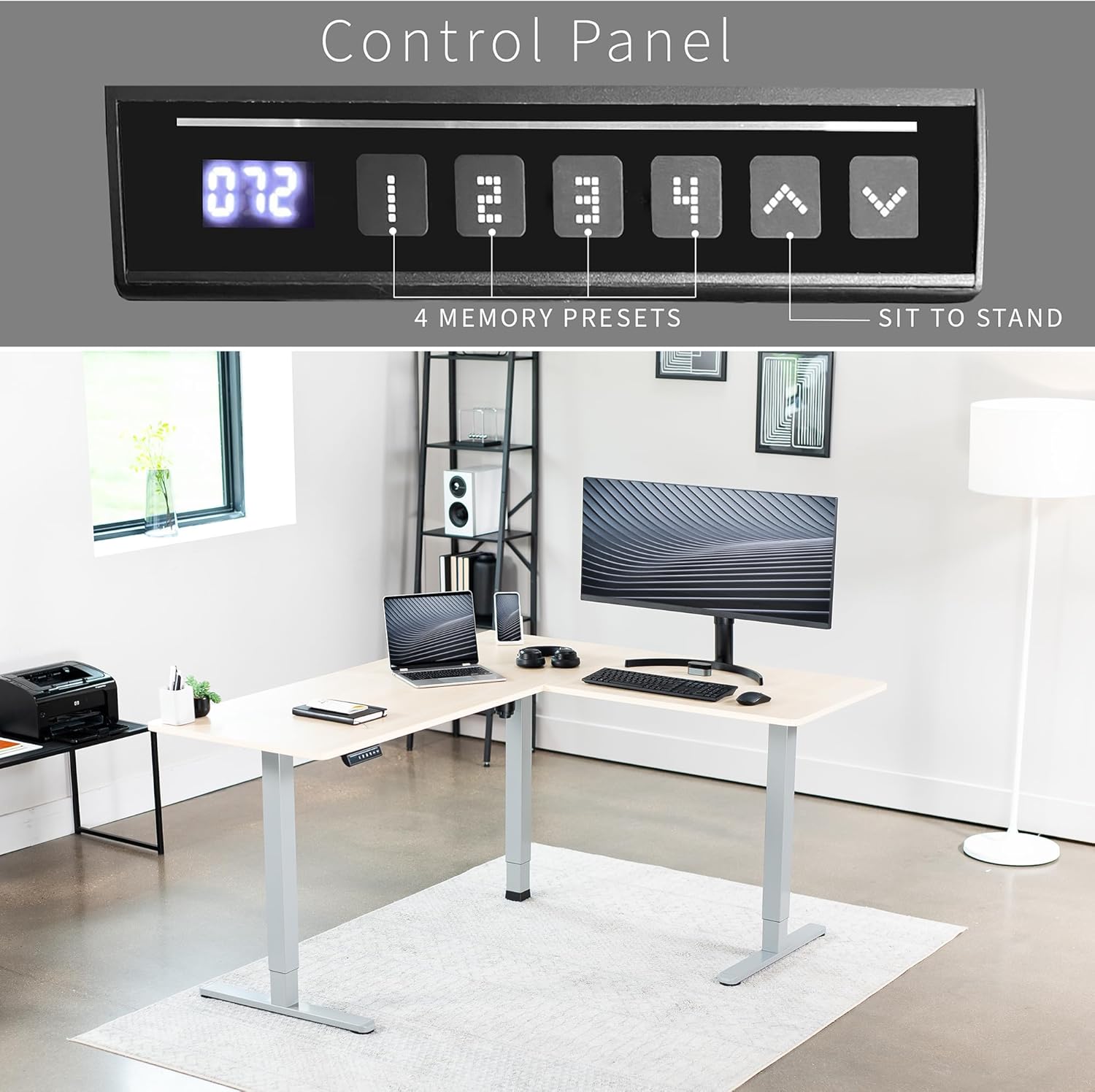 VIVO Electric Corner L-Shaped 63 x 55 in Standing Desk, Memory Height Adjustment, Light Wood Top Gray Frame, DESK-E3CTGC