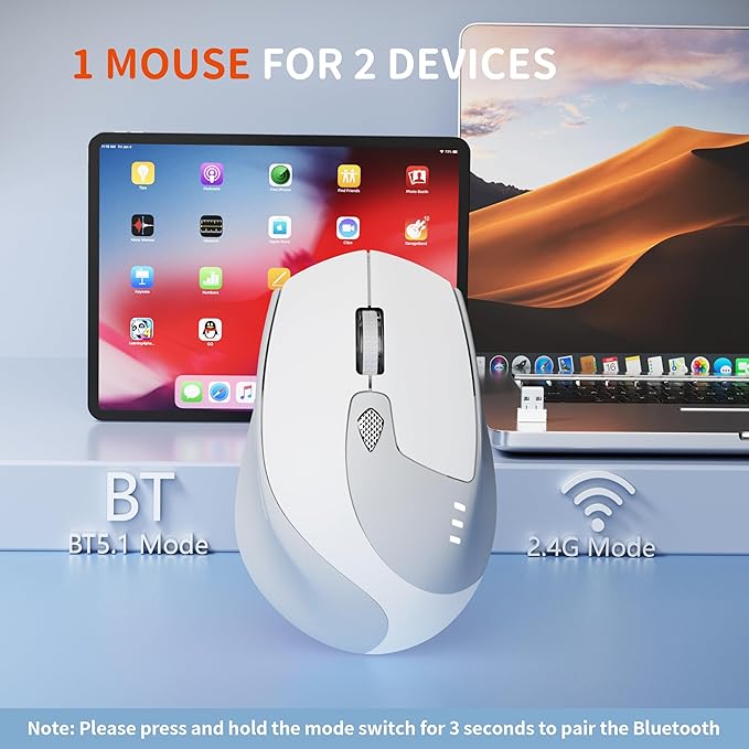TENMOS M7 Bluetooth Mouse, Rechargeable Dual Mode BT5.1+ 2.4GHz USB Silent Wireless Mouse with Type C Adapter & Battery Indicator, Ergonomic Design for Laptop, iPad, MacBook-White and Grey