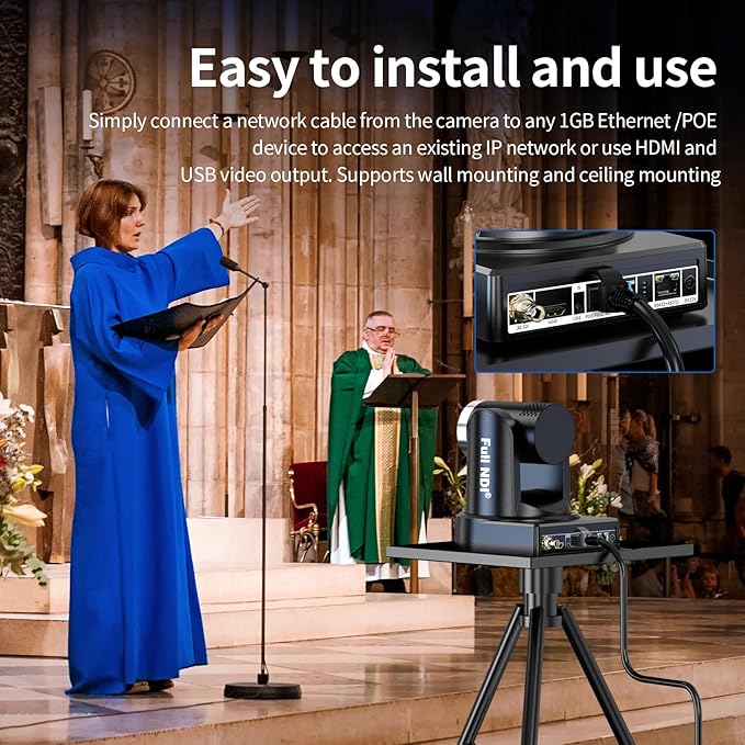 NDI Camera 20x Optical Zoom PTZ Camera with HDMI/SDI/USB3.0/POE IP HD 1080p60 for Live Streaming,Video Conferencing and Church Events, Compatible with vMix/Zoom/OBS(Full NDI Non-HX)