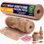 Honeycomb Packing Paper 15" x 400ft with Rope & 20 Fragile Stickers|Shipping & Moving Supplies|Small Business Packaging Supplies|Eco Friendly Bubble Wrap Packing Boxes for Moving Certified FSC C204227
