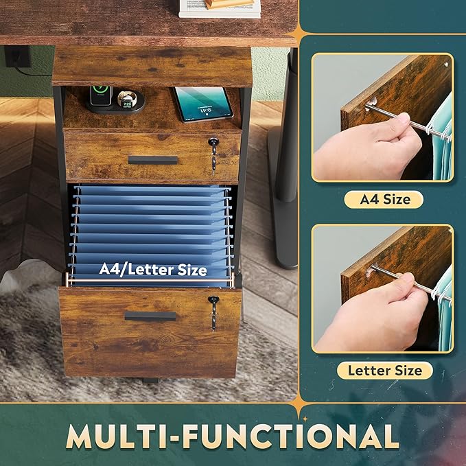 DEVAISE 2 Drawer File Cabinet with Lock and Charging Station, Wood Filing Cabinet fits A4 or Letter Size, Mobile Printer Stand with Open Storage Shelf for Home Office, Rustic Brown