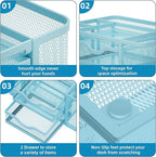 Marbrasse Mesh Desk Organizer, Pen Organizer with 2 Drawer, Multi-Functional Pencil Holder, Desk Organizers and Accessories with 5 Compartments + Drawer for Office Art Supplies (Blue)