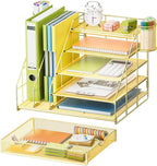 Marbrasse Desk Organizer with File Holder, 5-Tier Desk Organizer and Accessories with Drawer and 2 Pen Holders, Mesh Paper Letter Tray, Desktop Storage for Office Supplies (Gold)
