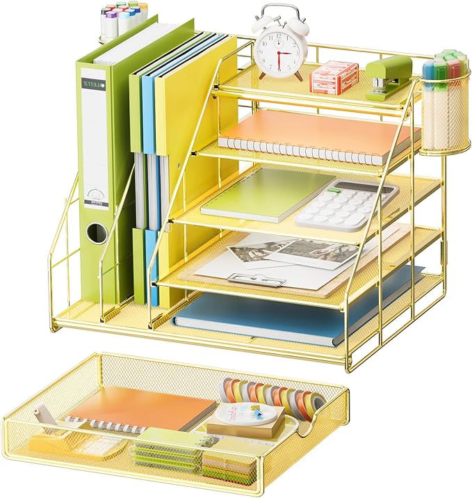 Marbrasse Desk Organizer with File Holder, 5-Tier Desk Organizer and Accessories with Drawer and 2 Pen Holders, Mesh Paper Letter Tray, Desktop Storage for Office Supplies (Gold)