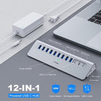 Powered USB Hub 10Gbps, intpw 12 Port USB C Hub with 10Gbps USB C 3.2, 2 USB A 3.2, 7 USB 3.0, 2 PD 45W Charging Ports, 65W Power Adapter and 3.3FT Cable, Aluminum USB Hub for Laptop, iPhone16/15, PC