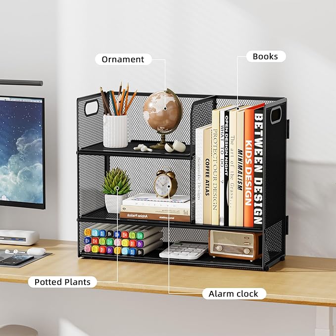 Marbrasse 2-Tier Desk Shelf Organizer with Handle, Desktop Bookshelf File Holder, Mesh Display Shelf Organizer Storage Rack for Office, Home, Supplies, Kitchen (Black)