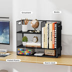 Marbrasse 2-Tier Desk Shelf Organizer with Handle, Desktop Bookshelf File Holder, Mesh Display Shelf Organizer Storage Rack for Office, Home, Supplies, Kitchen (Black)