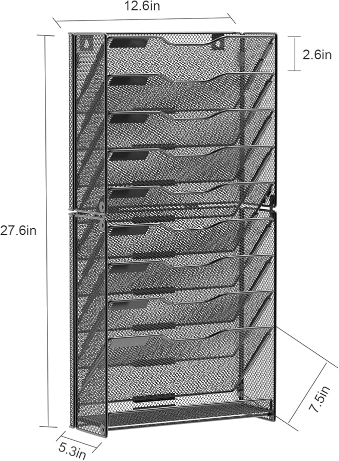 samstar 10 Tier Wall File Organizer, Hanging Wall Mount File Holder Paper Folder Mail Organizer, Mesh Metal, Black.