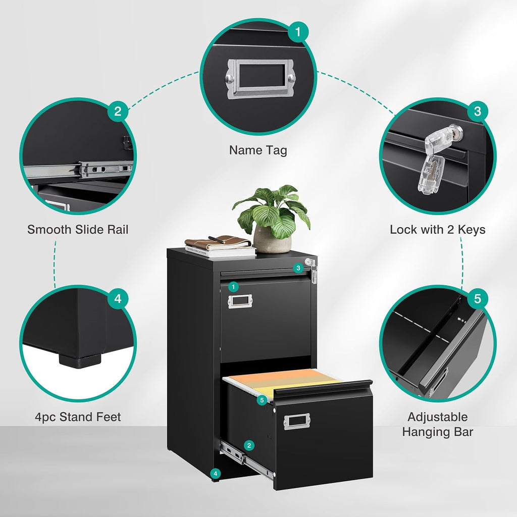 SISESOL 2 Drawer File Cabinet with Lock and Tag,Narrow Two Drawer Filing Cabinet,Vertical Metal File Cabinets,Small Filing Cabinets for Home Office Fit Letter/A4/Legal Size File,Easy Assembly