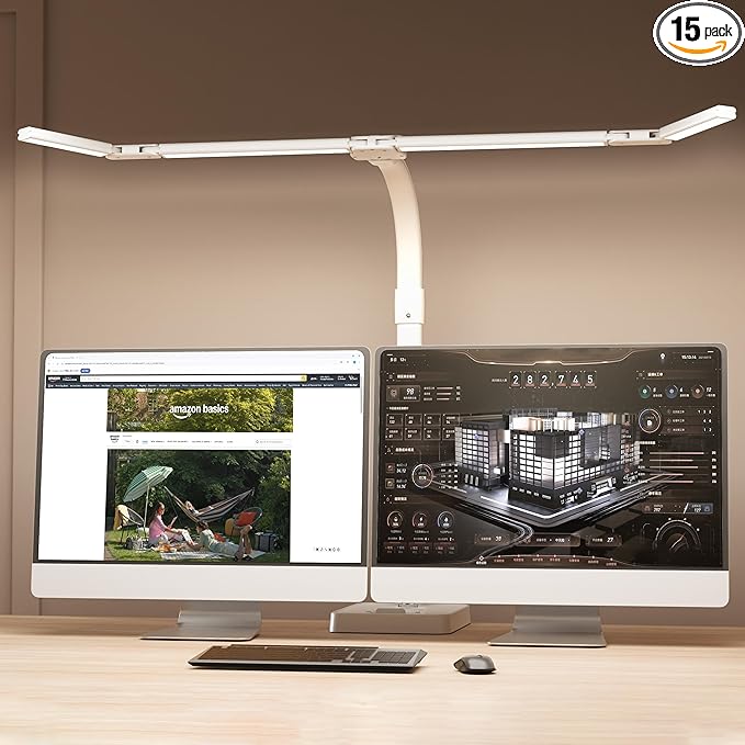LED Desk Lamp for Home Office - 24W Bright Double Head Desk Light with Clamp Eye Caring Architect Task Light 25 Lighting Modes Adjustable Flexible Gooseneck Lamp (All White)