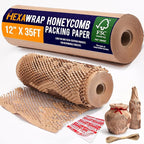 Honeycomb Packing Paper 12" x 35ft with Rope & 20 Fragile Stickers|Shipping & Moving Supplies|Small Business Packaging Supplies|Eco Friendly Bubble Wrap Packing Boxes for Moving Certified FSC C204227